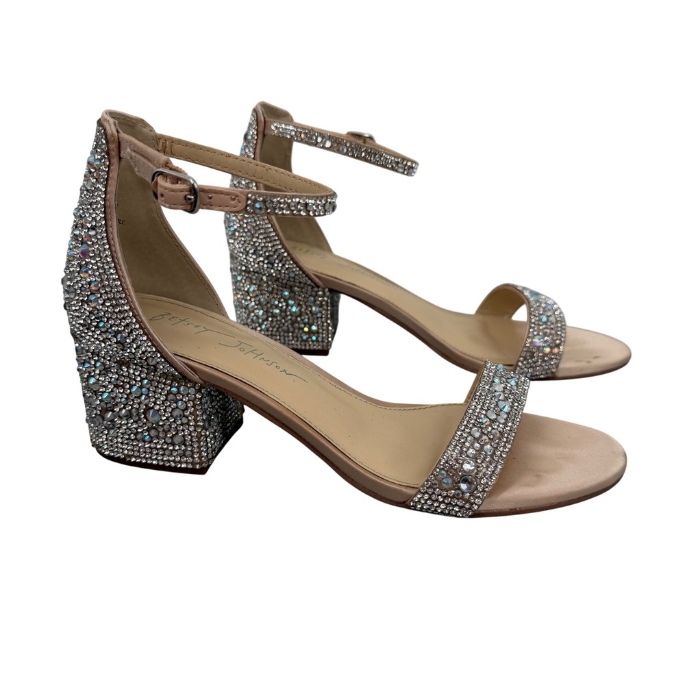 Betsey Johnson SB Mari Champagne Rhinestone Block Heel Sandals Womens 7M